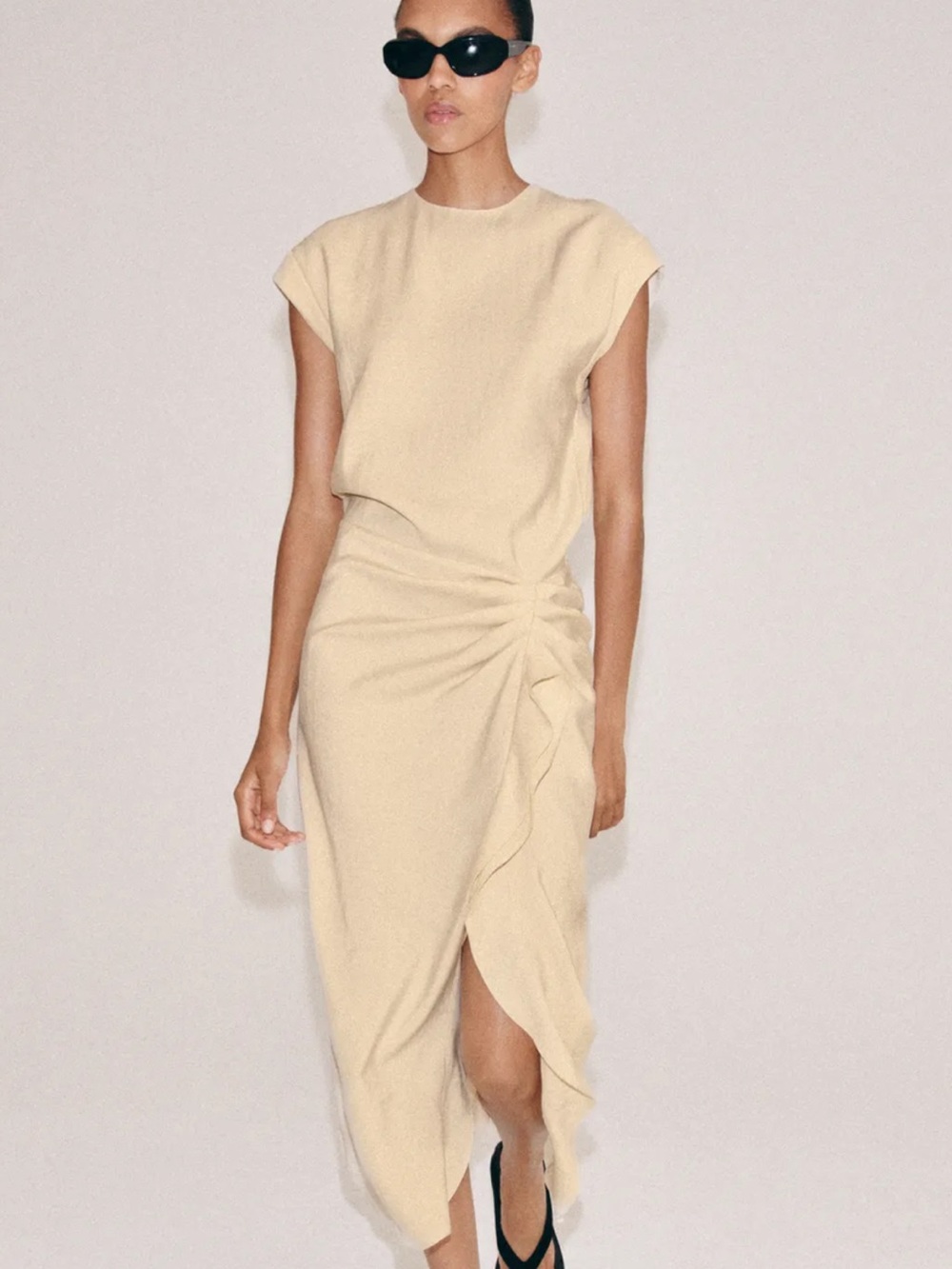 Zara NWT  Cream Ruched Side Midi Dress